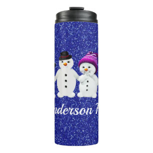 Family of Four Snowmen Blue Sparkle Winter Table Thermal Tumbler