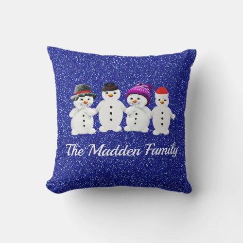 Family of Four Snowmen Blue Sparkle Winter   Throw Pillow