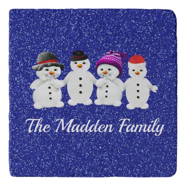 Family of Four Snowmen Blue Sparkle Winter  Trivet (Front)