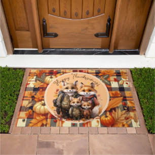 Family of Foxes Happy Thanksgiving Pumpkins Plaids Doormat
