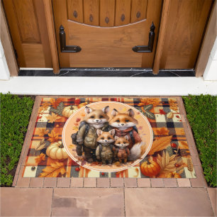 Family of Foxes Happy Thanksgiving Pumpkins Plaids Doormat