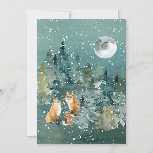 Family of Foxes in Forest Full Moon Snowfall Holiday Card