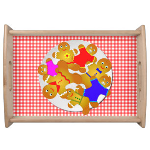 Family of Gingerbread Men, Red Gingham Background Serving Tray
