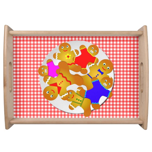 Family of Gingerbread Men, Red Gingham Background Serving Tray (Front)