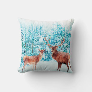 Family of noble deer in a snowy winter. Christmas Throw Pillow