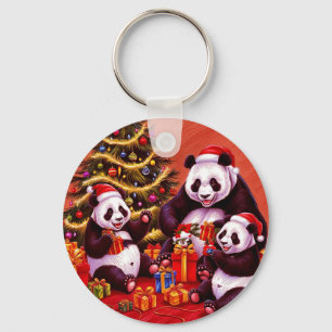 Family Of Pandas Opening Christmas Presents Keychain