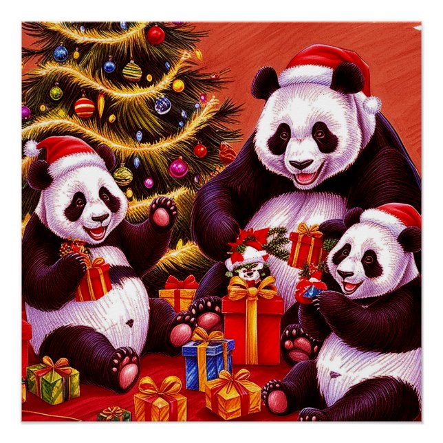 Family Of Pandas Opening Christmas Presents Poster (Front)