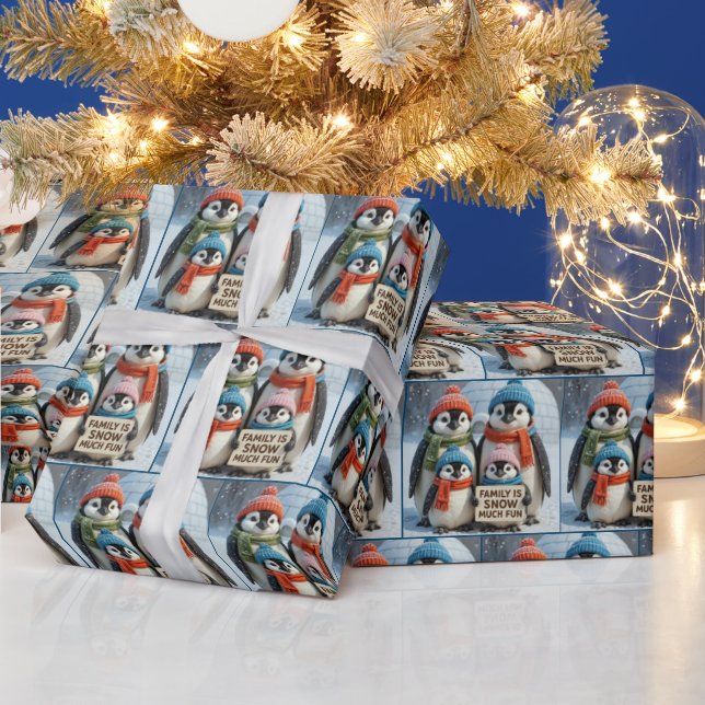 Family of Penguins With a Fun Sign Wrapping Paper (Holidays)