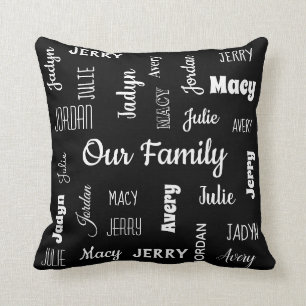 Family of Six In Cool Fonts Personalized Throw Pillow