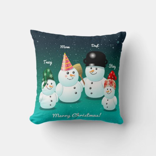 Family Of Snowmen With Customized Names Throw Pillow