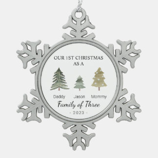 Family of Three Babys First Christmas Personalized Snowflake Pewter Christmas Ornament