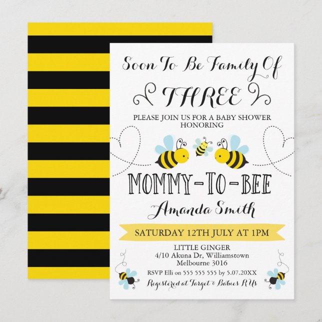 Family Of Three Bee Themed Baby Shower Invitation (Front/Back)