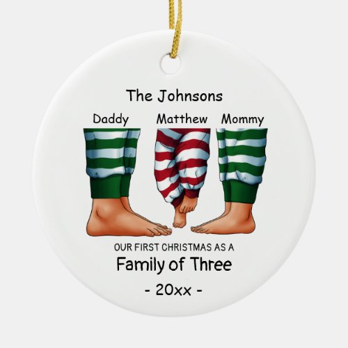 Family of Three First Christmas 2023 Personalized Ceramic Ornament