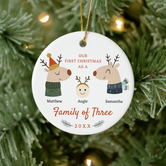 Family of Three First Christmas Ceramic Ornament (Tree)