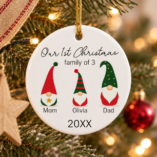 Family of Three First Christmas Cute Gnomes Ceramic Ornament