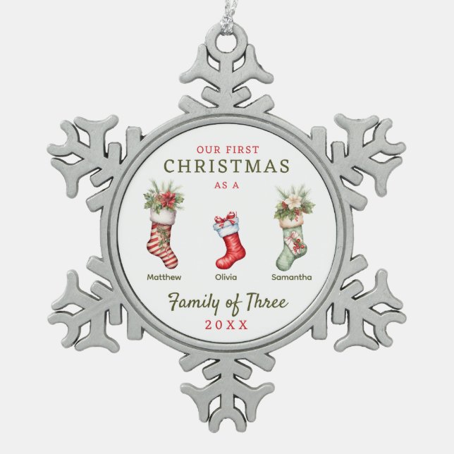 Family of Three First Christmas Snowflake Pewter Christmas Ornament (Front)