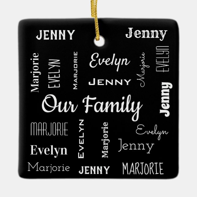 Family of Three In Cool Fonts Ceramic Ornament (Front)