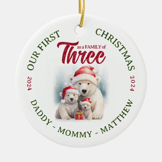 Family of Three Ornament First Christmas Custom  (Front)
