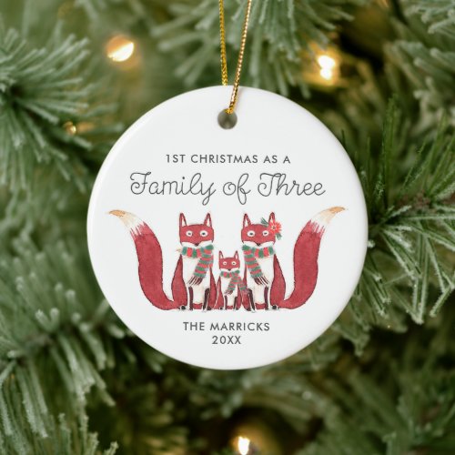 Family of Three Personalized Cute Woodland Foxes Ceramic Ornament