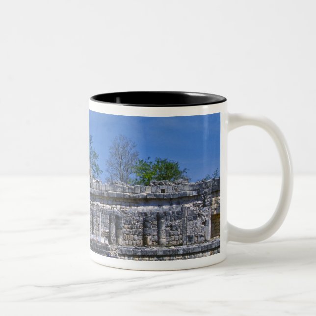 Family of tourists walk past ancient Mayan Two-Tone Coffee Mug (Right)