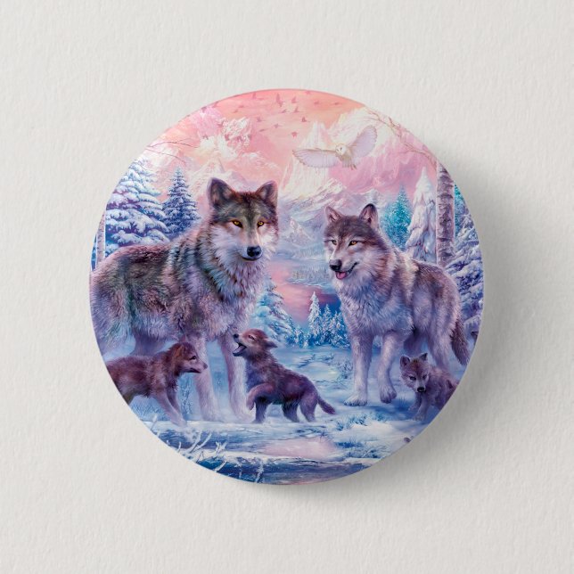 Family Of Wolves Painting Button (Front)