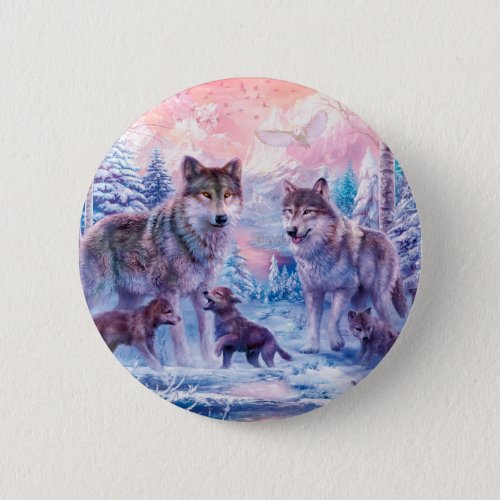 Family Of Wolves Painting Button