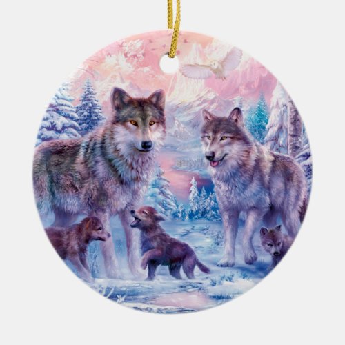 Family Of Wolves Painting Ceramic Ornament