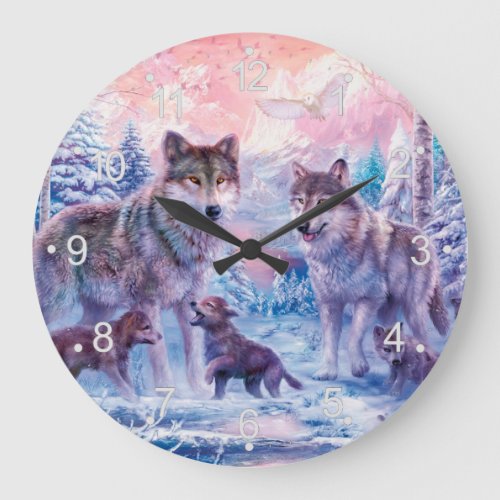 Family Of Wolves Painting Large Clock