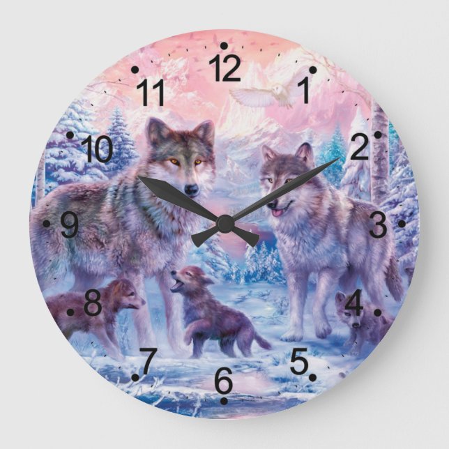 Family Of Wolves Painting Large Clock (Front)