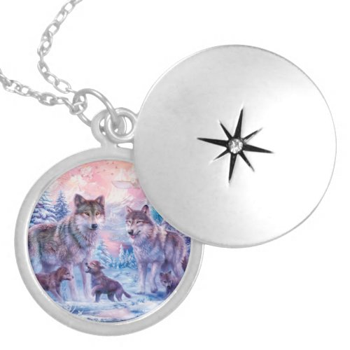 Family Of Wolves Painting Locket Necklace