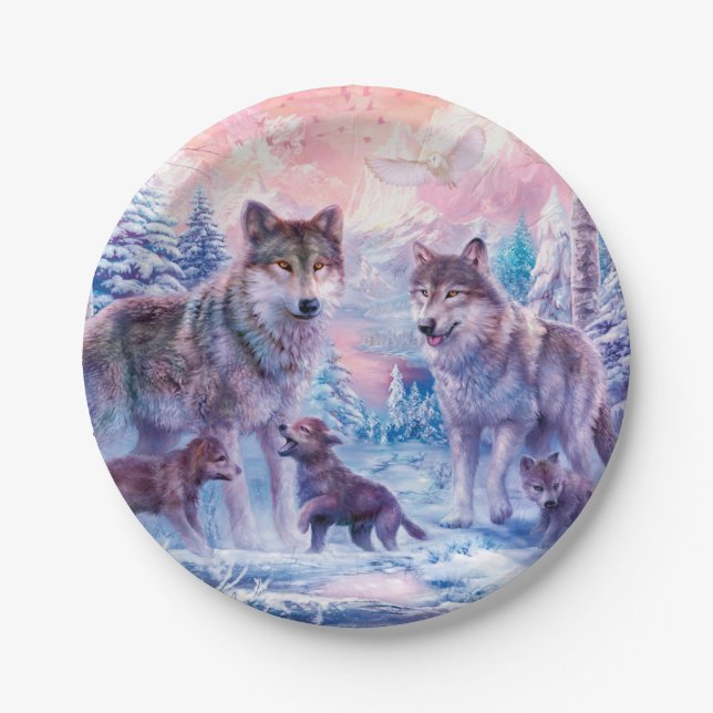 Family Of Wolves Painting Paper Plates (Front)