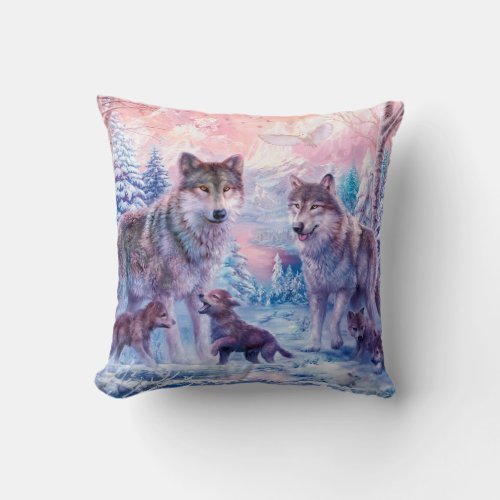 Family Of Wolves Painting Throw Pillow