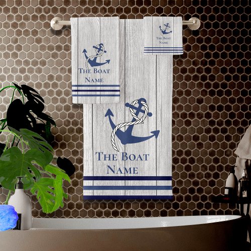 Family or Boat Name Navy Anchor Rope Nautical  Bat Bath Towel Set