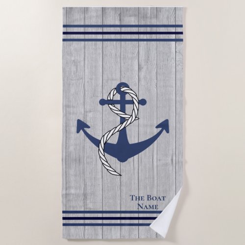 Family or Boat Name Navy Anchor Rope Nautical Beach Towel