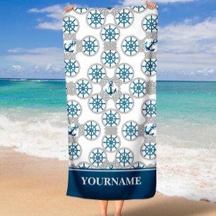 Family or Boat Name Navy Anchor Rope Nautical Beach Towel