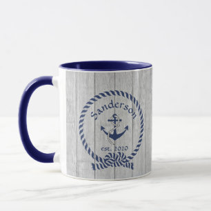 Family or Boat Name Navy Anchor Rope Nautical Mug
