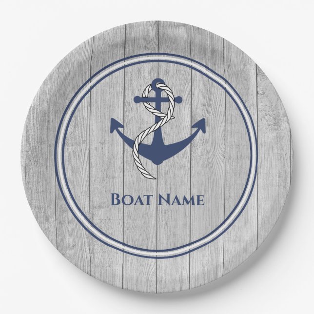Family or Boat Name Navy Anchor Rope Nautical Napk Paper Plates (Front)