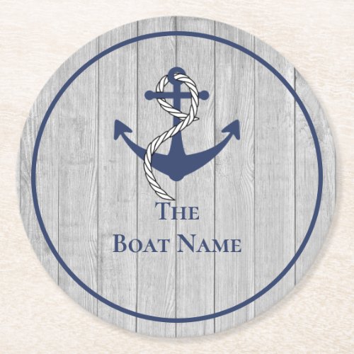 Family or Boat Name Navy Anchor Rope Nautical  Round Paper Coaster