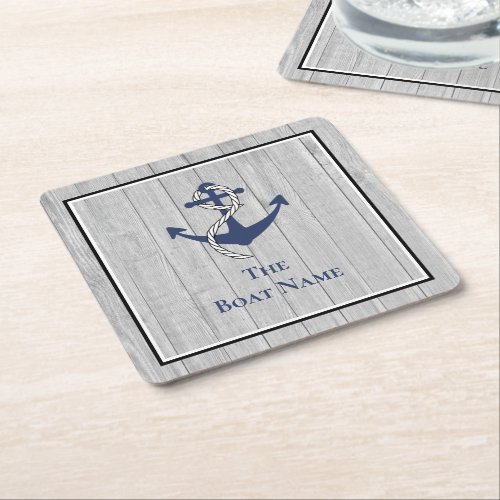Family or Boat Name Navy Anchor Rope Nautical Square Paper Coaster