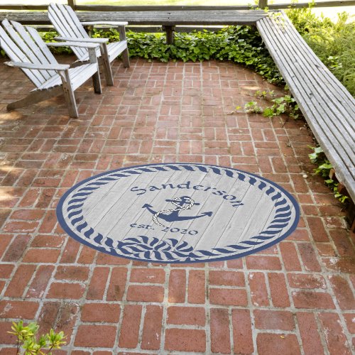 Family or Boat Name Navy Anchor Rope Nautical Thro Outdoor Rug