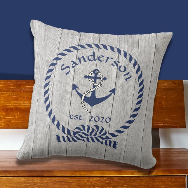 Family or Boat Name Navy Anchor Rope Nautical Thro Throw Pillow (Creator Uploaded)