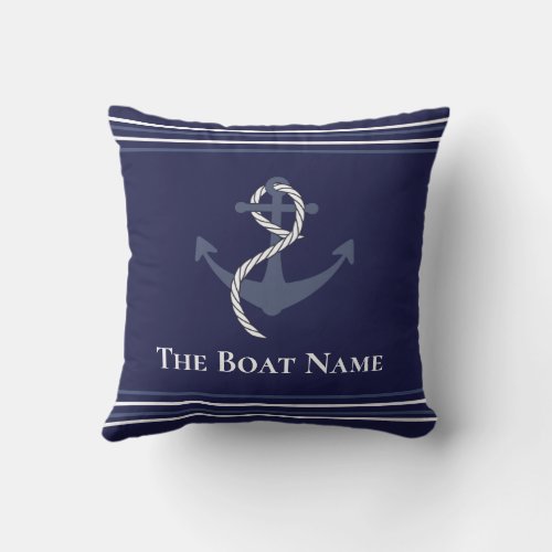 Family or Boat Name Navy Blue Anchor Rope Nautical Outdoor Pillow
