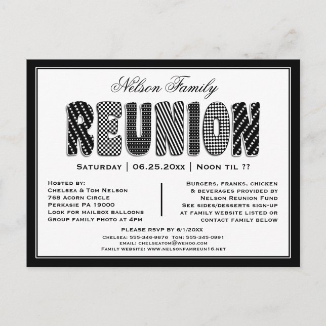 Family or Class Reunion B/W Pattern Invitation (Front)