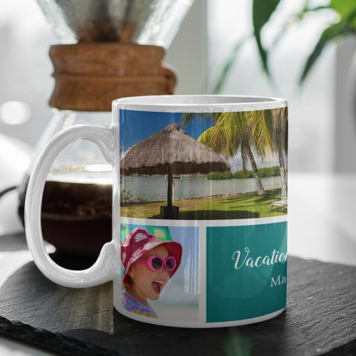Family or Couple Vacation 5 Photo Keepsake Teal Coffee Mug