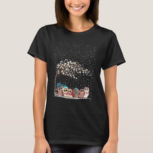 Family Owls Scarf Winter Christmas Tree Xmas Snowy T-Shirt (Front)