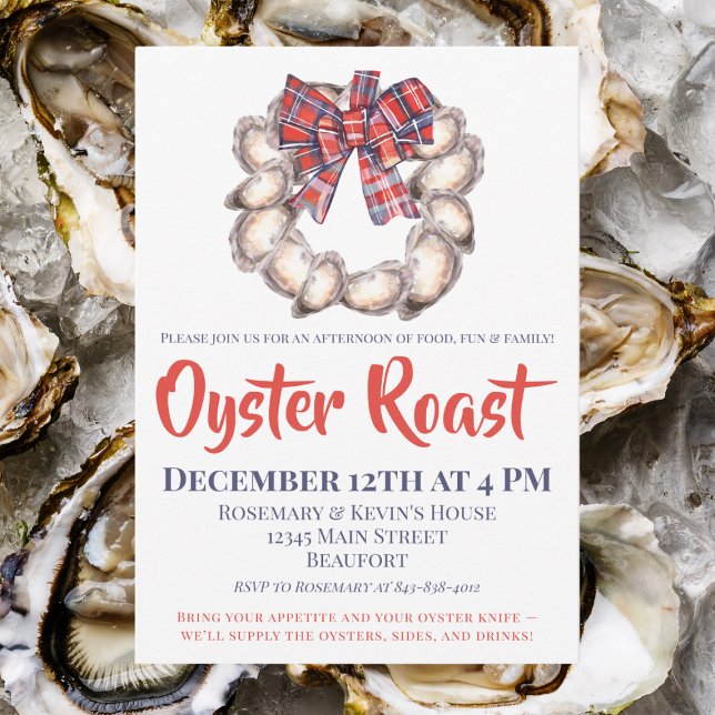 Family Oyster Roast Oyster Wreath Plaid Ribbon  Invitation (Creator Uploaded)