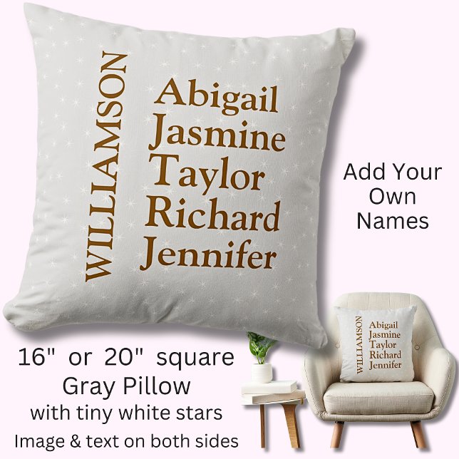 Family Parents Children Kids Names Surname Gray Throw Pillow (Creator Uploaded)