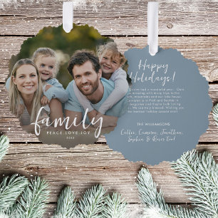 Family Peace Love Joy Custom Christmas Photo Text Ornament Card