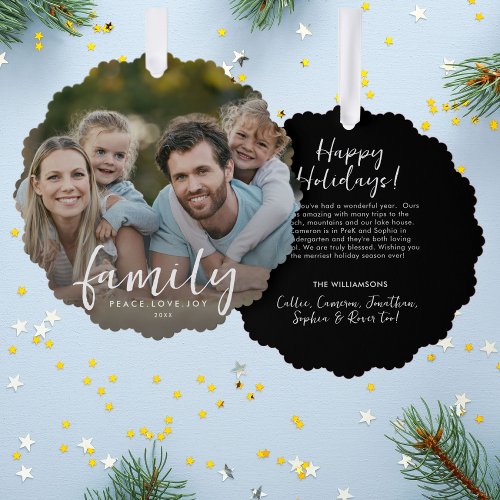 Family Peace Love Joy Custom Christmas Photo Text  Ornament Card