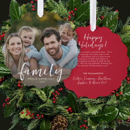 Family Peace Love Joy Custom Christmas Photo Text  Ornament Card